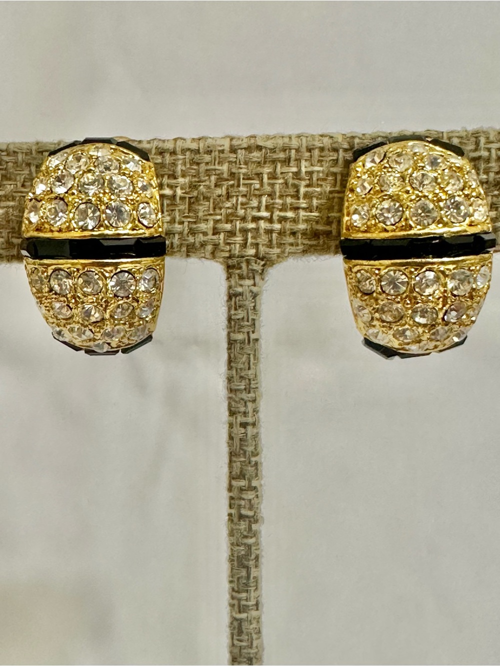 Vintage Gold Plated Crystal Pavé Hoop Earrings w/ Black Enamel Accent